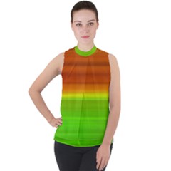 Orange And Green Blur Abstract Print Mock Neck Chiffon Sleeveless Top