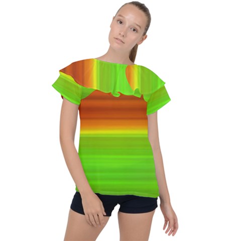 Orange And Green Blur Abstract Print Ruffle Collar Chiffon Blouse by dflcprintsclothing