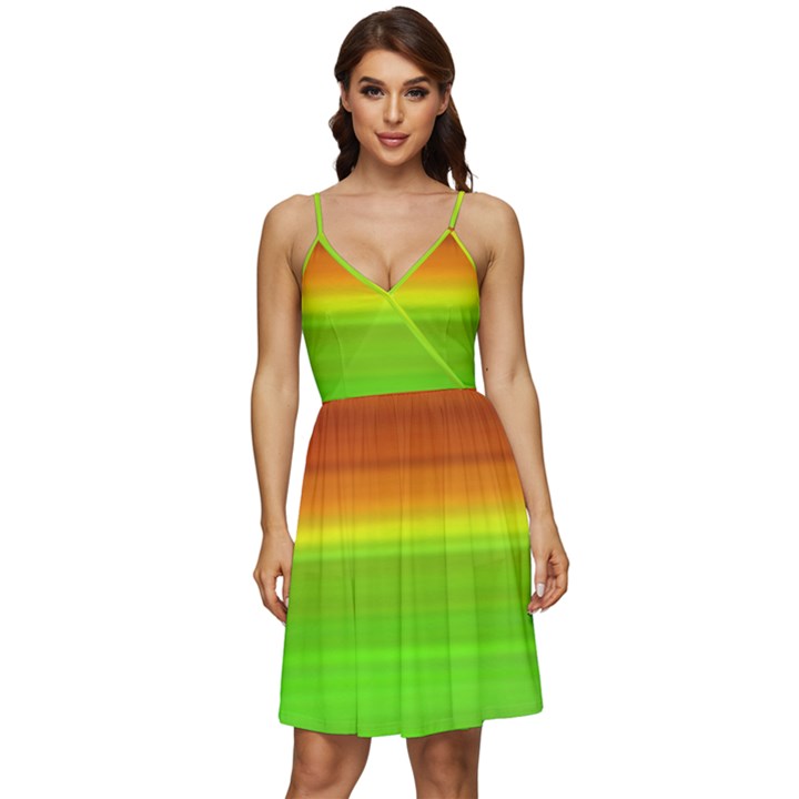 Orange And Green Blur Abstract Print V-Neck Pocket Summer Dress 