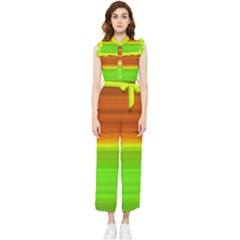 Orange And Green Blur Abstract Print Women s Frill Top Chiffon Jumpsuit by dflcprintsclothing