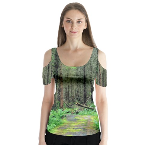 Forest Woods Nature Landscape Tree Butterfly Sleeve Cutout Tee  by Celenk