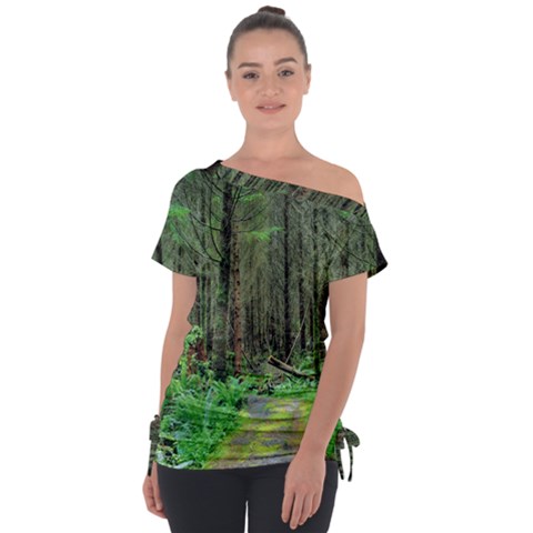 Forest Woods Nature Landscape Tree Off Shoulder Tie-up Tee by Celenk