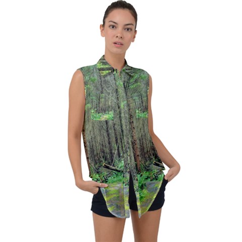 Forest Woods Nature Landscape Tree Sleeveless Chiffon Button Shirt by Celenk