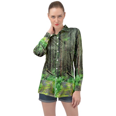 Forest Woods Nature Landscape Tree Long Sleeve Satin Shirt by Celenk