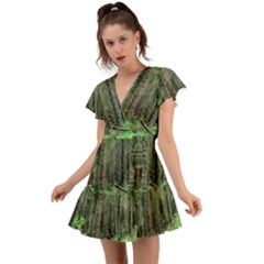 Forest Woods Nature Landscape Tree Flutter Sleeve Wrap Dress