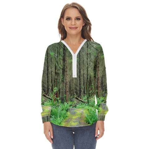 Forest Woods Nature Landscape Tree Zip Up Long Sleeve Blouse by Celenk