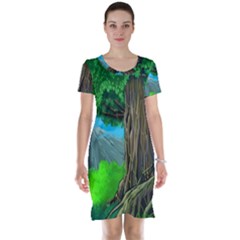 Green Forest Tropical Jungle Tree Wood Nature Short Sleeve Nightdress by Wegoenart