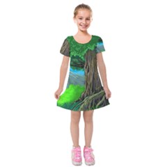 Green Forest Tropical Jungle Tree Wood Nature Kids  Short Sleeve Velvet Dress by Wegoenart