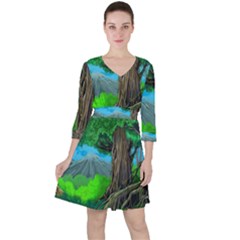 Green Forest Tropical Jungle Tree Wood Nature Quarter Sleeve Ruffle Waist Dress by Wegoenart