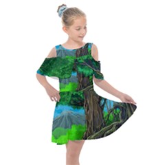 Green Forest Tropical Jungle Tree Wood Nature Kids  Shoulder Cutout Chiffon Dress by Wegoenart