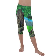 Green Forest Tropical Jungle Tree Wood Nature Kids  Lightweight Velour Capri Leggings  by Wegoenart