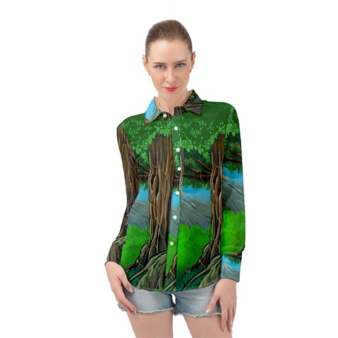 Green Forest Tropical Jungle Tree Wood Nature Long Sleeve Chiffon Shirt by Wegoenart