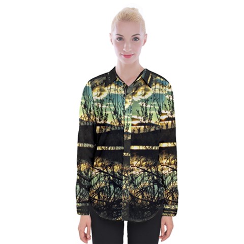 Forest Sunset Dusk Reflection Womens Long Sleeve Shirt by Wegoenart