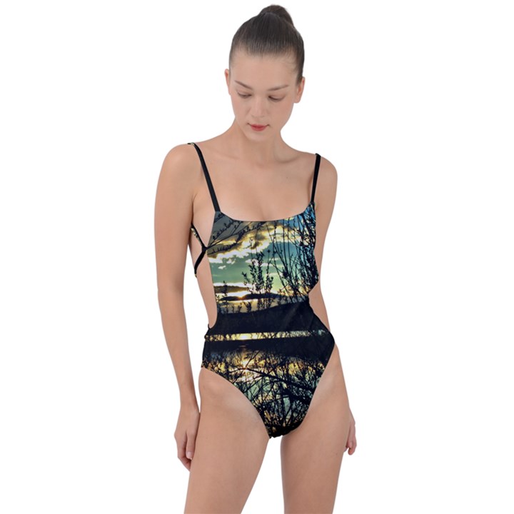 Forest Sunset Dusk Reflection Tie Strap One Piece Swimsuit