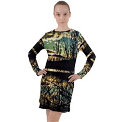 Forest Sunset Dusk Reflection Long Sleeve Hoodie Dress by Wegoenart