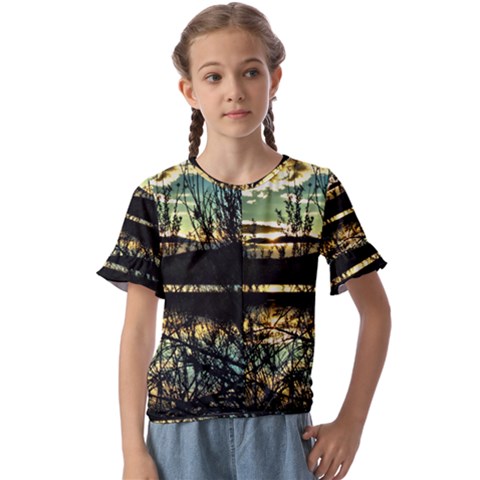 Forest Sunset Dusk Reflection Kids  Cuff Sleeve Scrunch Bottom Tee by Wegoenart