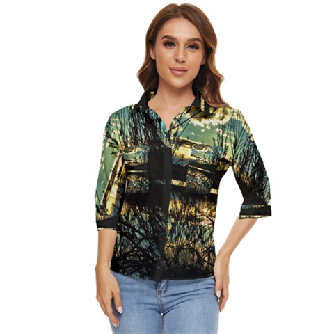 Forest Sunset Dusk Reflection Women s Quarter Sleeve Pocket Shirt by Wegoenart