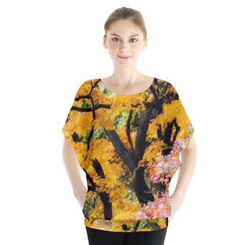 Japan Garden Color Tree Zen Batwing Chiffon Blouse by Wegoenart