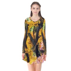 Japan Garden Color Tree Zen Long Sleeve V-neck Flare Dress by Wegoenart