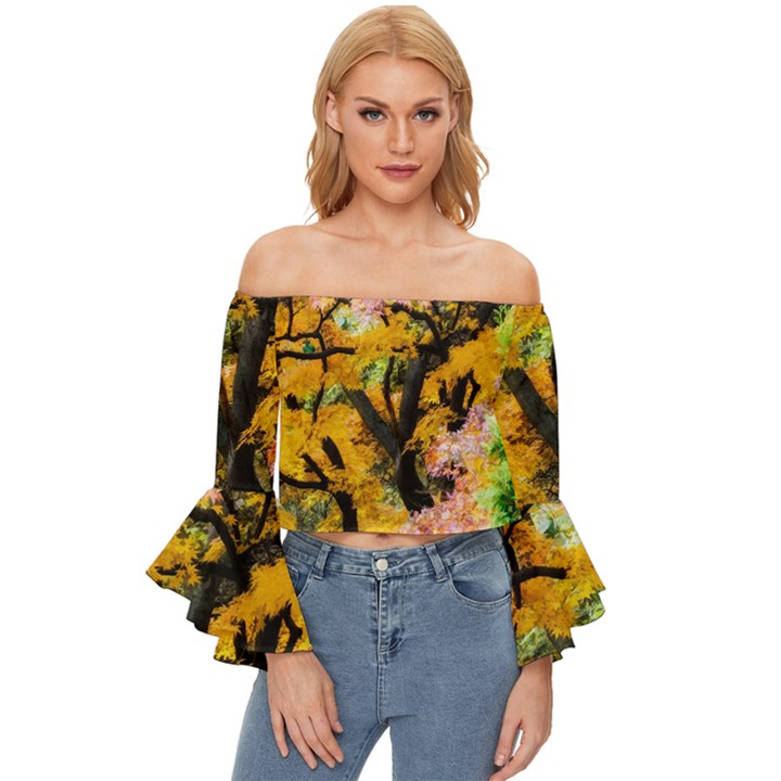 Japan Garden Color Tree Zen Off Shoulder Flutter Bell Sleeve Top