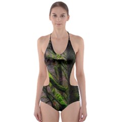 Tree Moss Forest Bark Wood Trunk Cut-out One Piece Swimsuit by Wegoenart