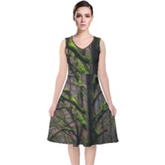 Tree Moss Forest Bark Wood Trunk V-neck Midi Sleeveless Dress  by Wegoenart