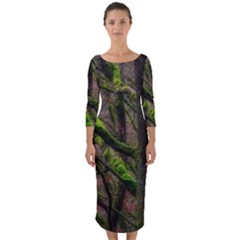 Tree Moss Forest Bark Wood Trunk Quarter Sleeve Midi Bodycon Dress by Wegoenart