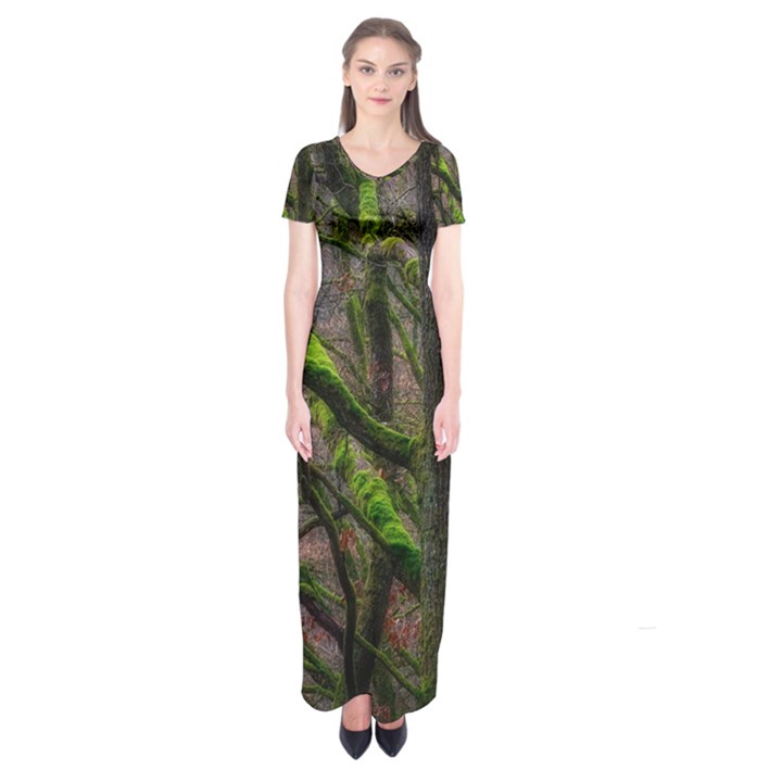 Tree Moss Forest Bark Wood Trunk Short Sleeve Maxi Dress