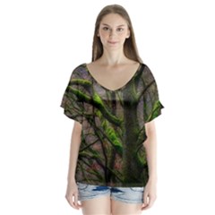 Tree Moss Forest Bark Wood Trunk V-neck Flutter Sleeve Top by Wegoenart