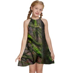 Tree Moss Forest Bark Wood Trunk Kids  Halter Collar Waist Tie Chiffon Dress by Wegoenart