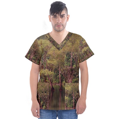 Landscape Jungle Reflection Nature Men s V-neck Scrub Top by Wegoenart