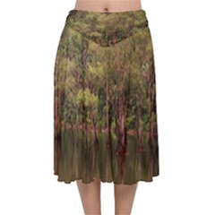 Landscape Jungle Reflection Nature Velvet Flared Midi Skirt by Wegoenart