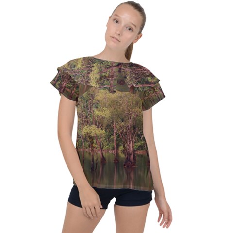 Landscape Jungle Reflection Nature Ruffle Collar Chiffon Blouse by Wegoenart