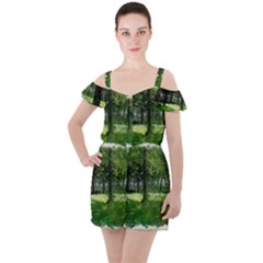 Beeches Trees Tree Lawn Forest Nature Ruffle Cut Out Chiffon Playsuit by Wegoenart