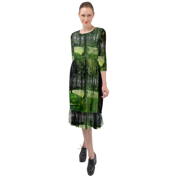 Beeches Trees Tree Lawn Forest Nature Ruffle End Midi Chiffon Dress