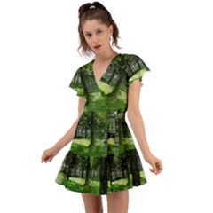 Beeches Trees Tree Lawn Forest Nature Flutter Sleeve Wrap Dress by Wegoenart