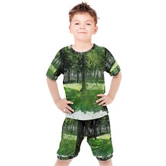 Beeches Trees Tree Lawn Forest Nature Kids  Tee And Shorts Set by Wegoenart