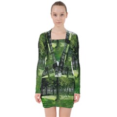 Beeches Trees Tree Lawn Forest Nature V-neck Bodycon Long Sleeve Dress by Wegoenart