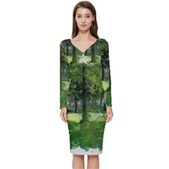 Beeches Trees Tree Lawn Forest Nature Long Sleeve V-neck Bodycon Dress  by Wegoenart