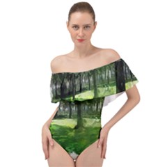 Beeches Trees Tree Lawn Forest Nature Off Shoulder Velour Bodysuit  by Wegoenart