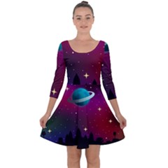 Asteroid Comet Star Space Aurora Quarter Sleeve Skater Dress by Wegoenart