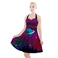 Asteroid Comet Star Space Aurora Halter Party Swing Dress  by Wegoenart