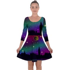 Illustration Clock Asteroid Comet Galaxy Quarter Sleeve Skater Dress by Wegoenart