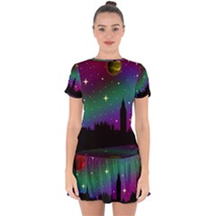 Illustration Clock Asteroid Comet Galaxy Drop Hem Mini Chiffon Dress by Wegoenart