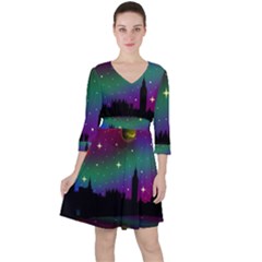 Illustration Clock Asteroid Comet Galaxy Quarter Sleeve Ruffle Waist Dress by Wegoenart