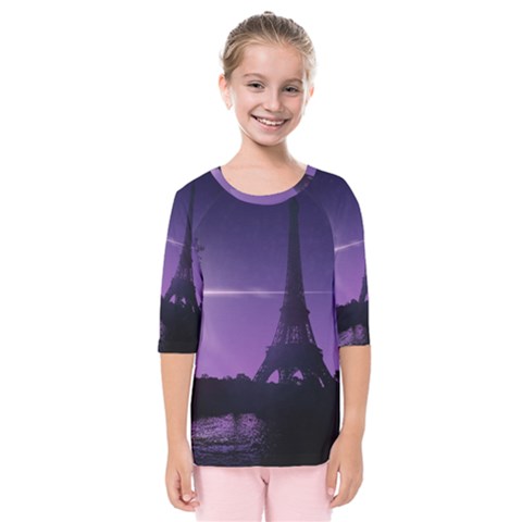 Eiffel Tower Paris-nigh Silhouette Kids  Quarter Sleeve Raglan Tee by Wegoenart