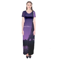 Eiffel Tower Paris-nigh Silhouette Short Sleeve Maxi Dress by Wegoenart