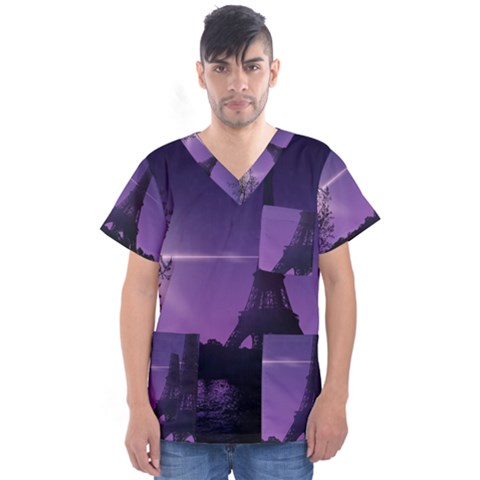 Eiffel Tower Paris-nigh Silhouette Men s V-neck Scrub Top by Wegoenart