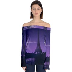 Eiffel Tower Paris-nigh Silhouette Off Shoulder Long Sleeve Top by Wegoenart