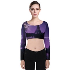 Eiffel Tower Paris-nigh Silhouette Velvet Long Sleeve Crop Top by Wegoenart